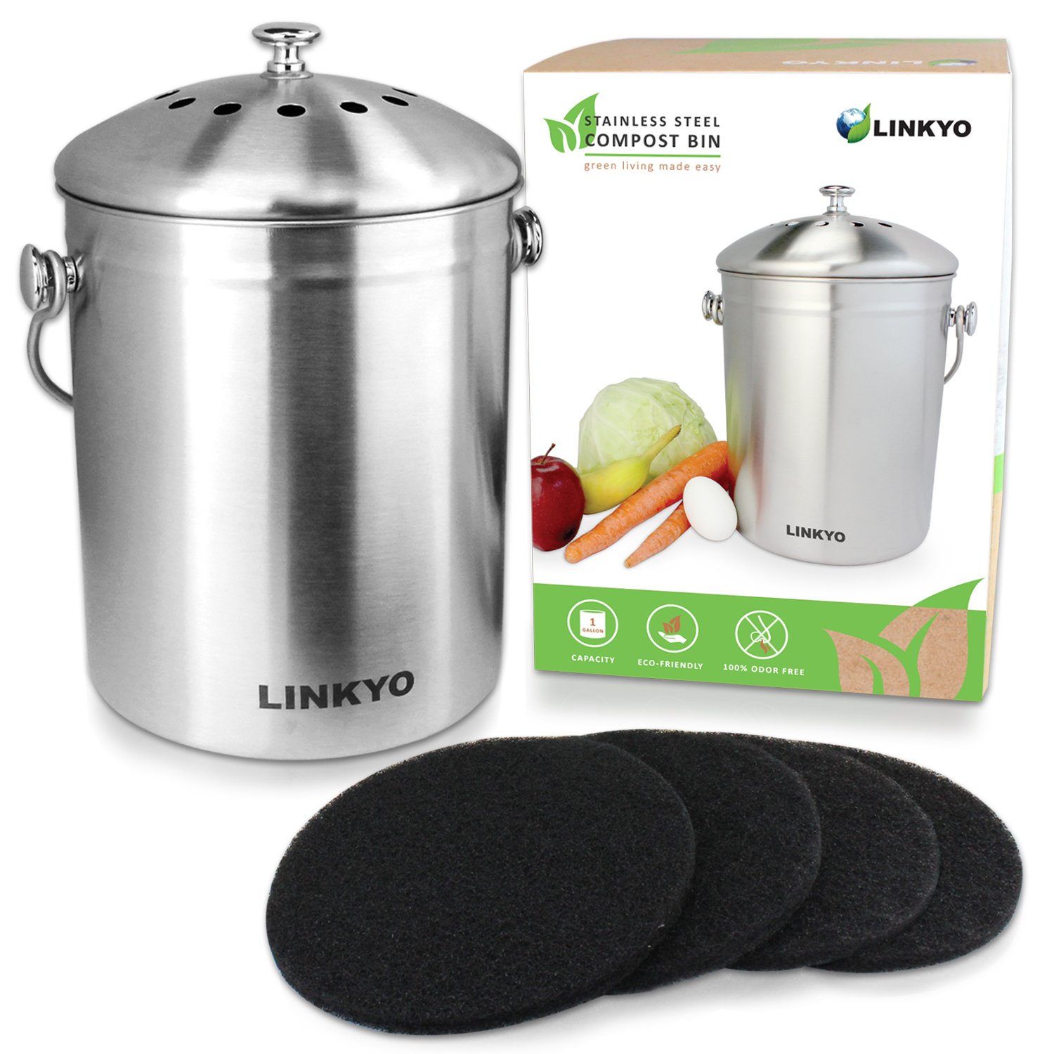 LINKYO Kitchen Compost Bin 1 Gallon Stainless Steel Composter with 4