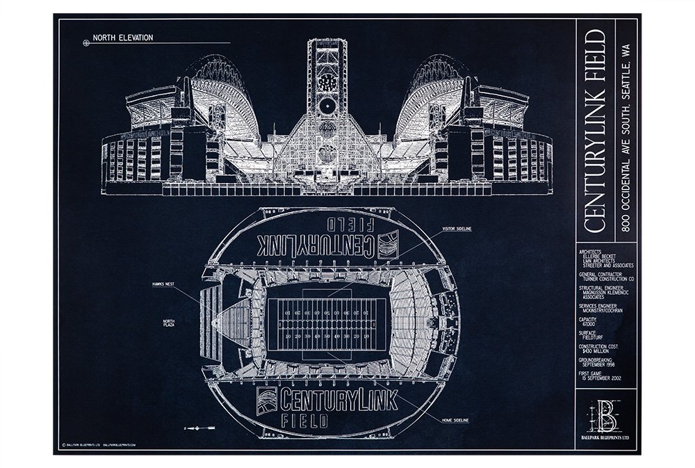 Amazon.com : CenturyLink Field Blueprint Style Print (Unframed, 18 ...