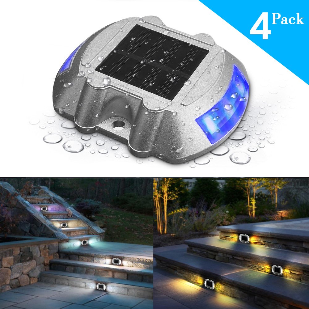 Solar Deck Light,SOLMORE 4 Pack LED Solar Dock Path Road Lights Marker