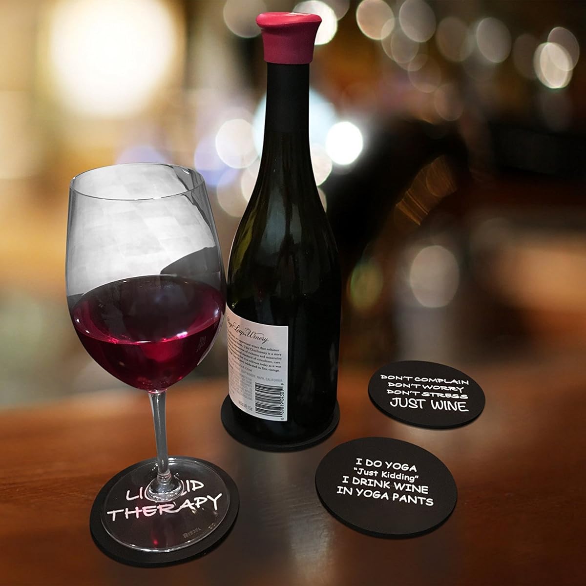 6 Wine Coasters Funny Drink Premium Coasters for Beer Whiskey Cocktails and more. Large Size 4”x 4” - Rubber Made no fade logo molded to last a lifetime (Black Round)