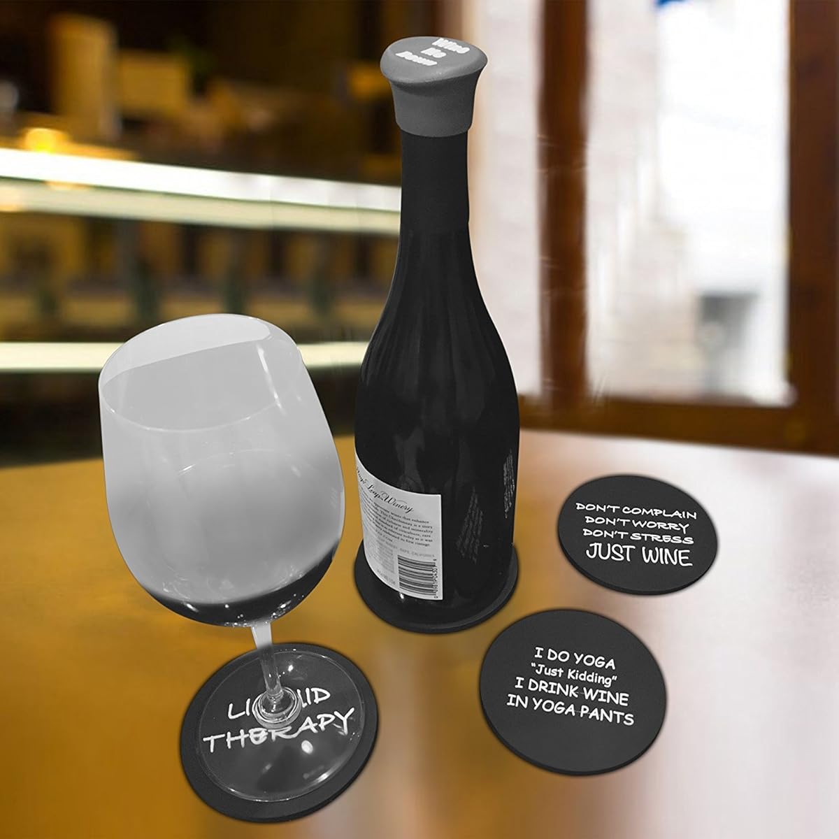 6 Wine Coasters Funny Drink Premium Coasters for Beer Whiskey Cocktails and more. Large Size 4”x 4” - Rubber Made no fade logo molded to last a lifetime (Black Round)