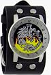 Yellow Flaming Dragon Wide Black Leather Band Circle Trendy Design Steel Black Dial Gothic Punk Biker Wristband Watch