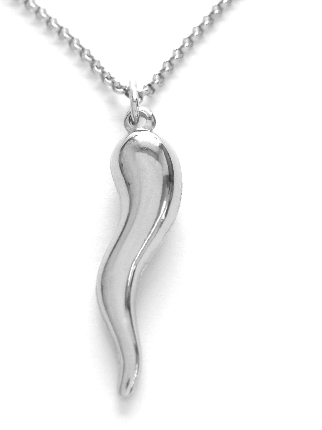 .925 Sterling Silver Italian Horn Necklace 18" 1.2mm Rolo Chain Made In