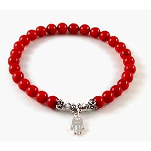 Natural Bamboo Red Coral Hamsa Bracelet with Swarovski Crystals by 