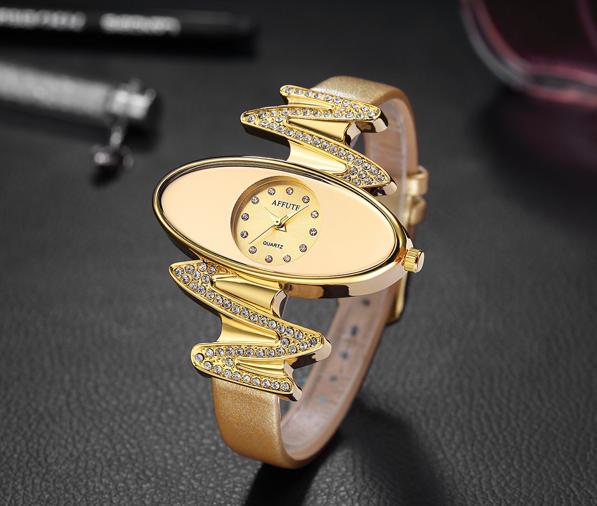 Retro Gold Leather Strap Brand Women Watch Strass Rhinestone Jewelry