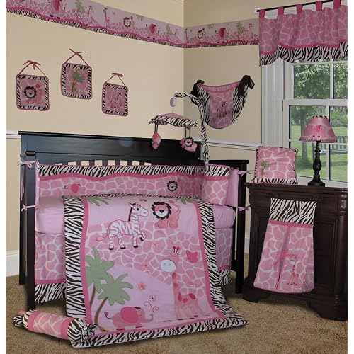 SISI Baby Girl Bedding - Pink Safari 13 PCS Crib Nursery Bedding Set