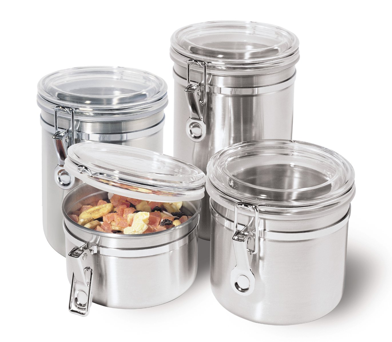 thumbnail interactive-video image 1 of 3-Piece Stainless Steel Airtight Kitchen Canister Set With Anti-Fingerprint Black Lids 1 of 5