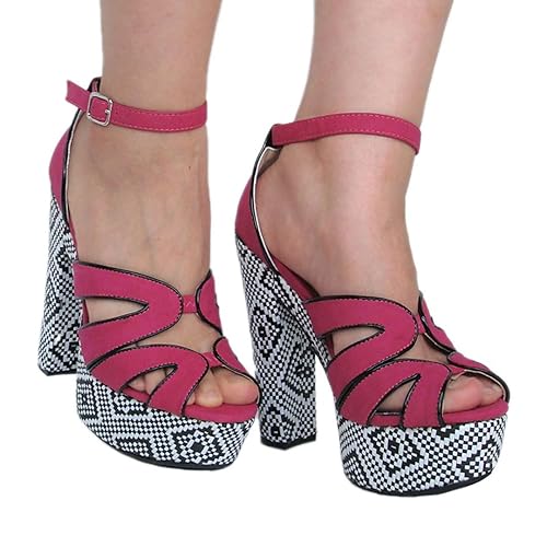 Womens Qupid Fuchsia Nubuck High Heel Platform Open Toe Strappy Peep Toe Sandals (Gossip32)