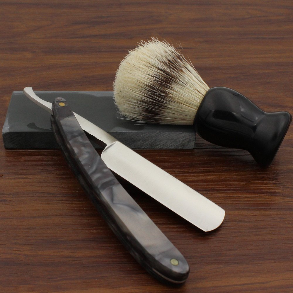 Vintage Design Barber Cut Throat Black Gray Acrylic Handle Straight