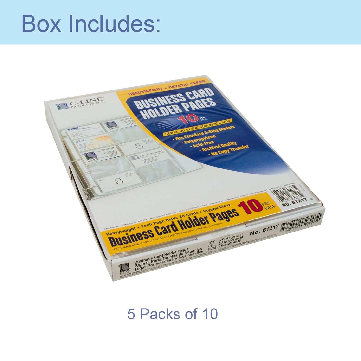 CLine Business Card Holder Pages, Poly without Tabs, 20 Cards/Page, 11