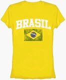 Brazil National Futbol Soccer Team Aged Juniors Sized Fitted Girly Vintage Bright Yellow T-Shirt Tee, Juniors XL