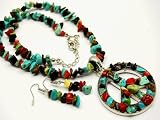 X-Large & Chunky Turquoise, Tigers Eye & Red Coral Stone Peace Charm Necklace &...
