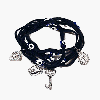 Black Suede Kabbalah String Bracelet with Lucky Eyes and Lucky Charms