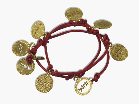 8 Names of God on Coins Dipped In Gold on a Burgundy Leather Bracelet