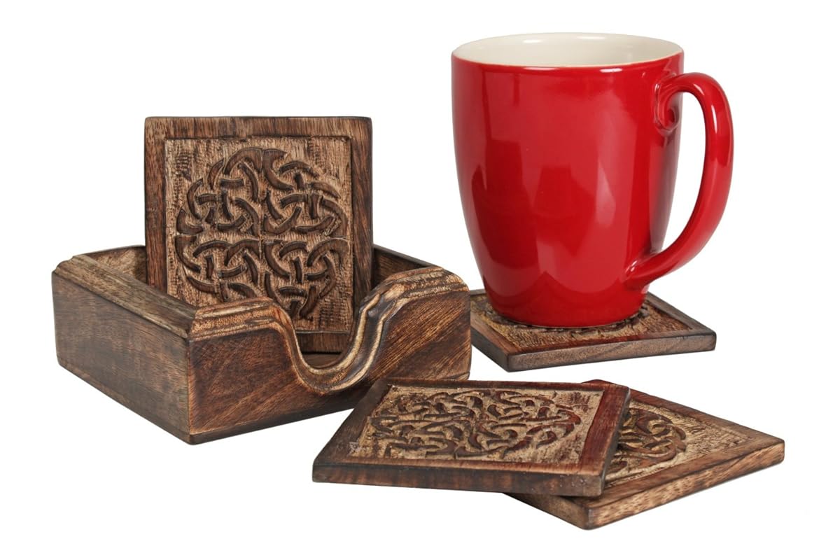Rustic Wooden Coasters with Celtic Knot Design and Holder, Set of 4