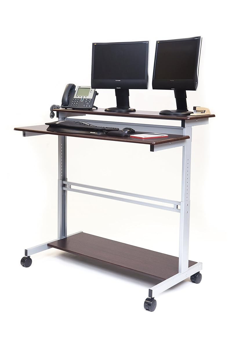 48" Shelves Mobile Ergonomic Stand Up Desk Computer Workstation (Dark Walnut Shelves / Silver Frame)