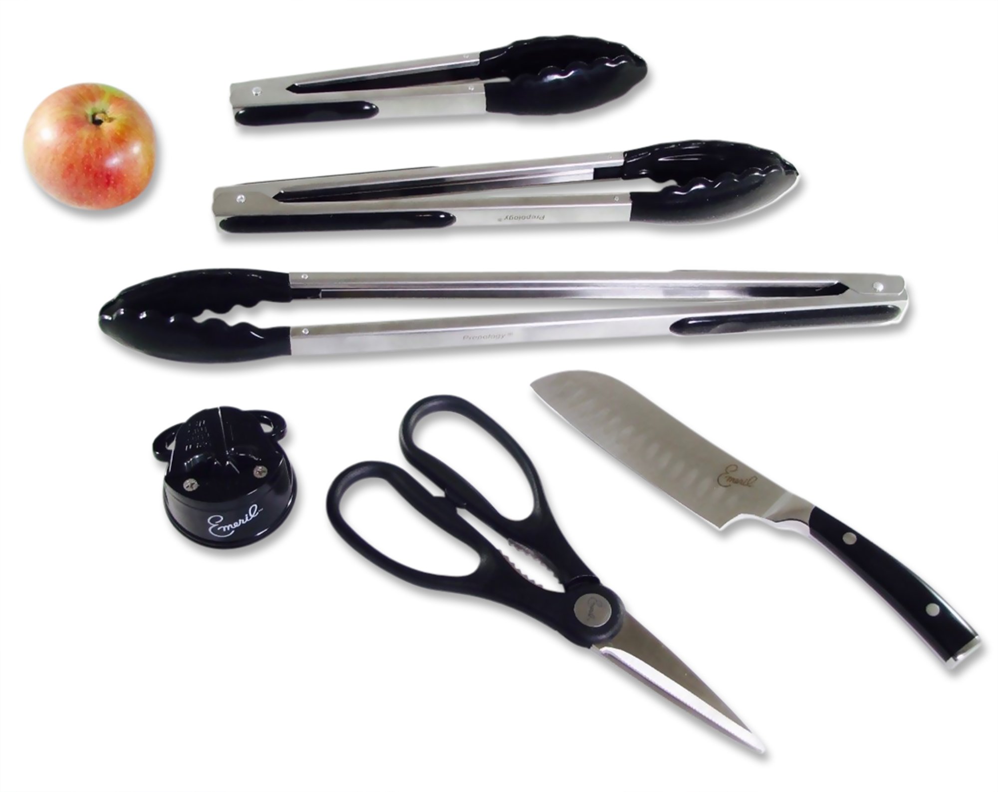 Emeril Santoku Knife w/ Sharpener + Scissors + 3pc BBQ Prepology Tong