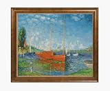 Art Reproduction Oil Painting - Monet Paintings: Red Boats at Argenteuil with Verona Cafe - Coffee Brown Patina Finish - Standard 20x24 - Hand Painted Framed Canvas Art