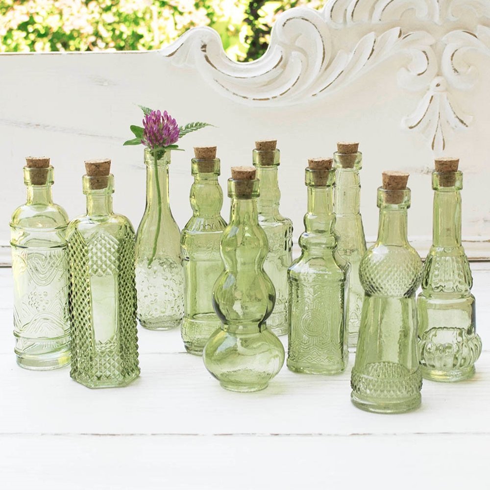 Vintage Glass Bottles with Corks, Bud Vases, Assorted Shapes, 5 Inch