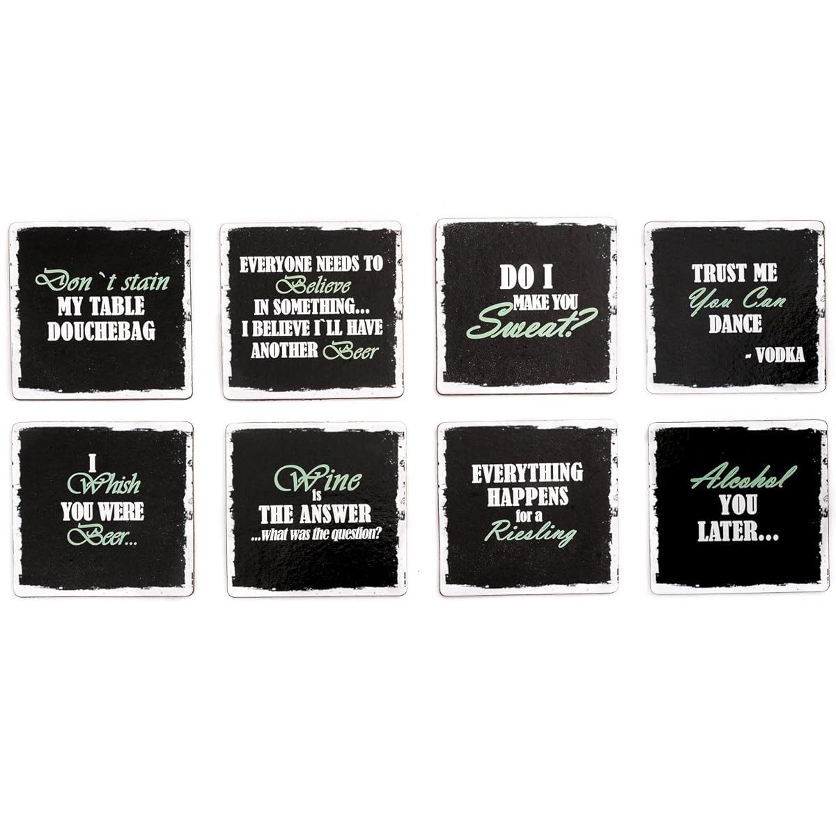 Set of 8 Premium Funny Coasters for Drinks- Large Size 4 inches Square - PLUS 2 Stainless Steel Ball Design Wine Bottle Stoppers - Bar Tools Collection by Prego Unlimited