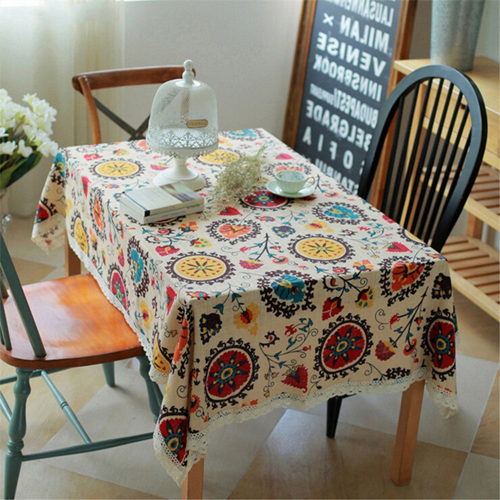 Superwinger Vintage Lace Sun Flower Tablecloth,Linen Embroidered Rectangle Washable Dinner