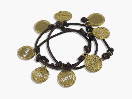 8 Names of God on Coins Dipped In Gold on a Black Leather Bracelet