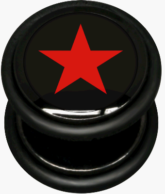 Body Jewellery - Fake Ear Plug - Red Star On Black. Illusion Of A 10mm Stretched Ear Piercing - 1.2mm Stem Thickness