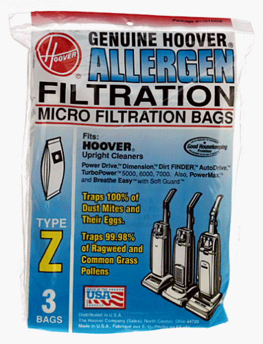 Hoover Type Z Allergen Vacuum Cleaner Replacement Bags, Package of 3