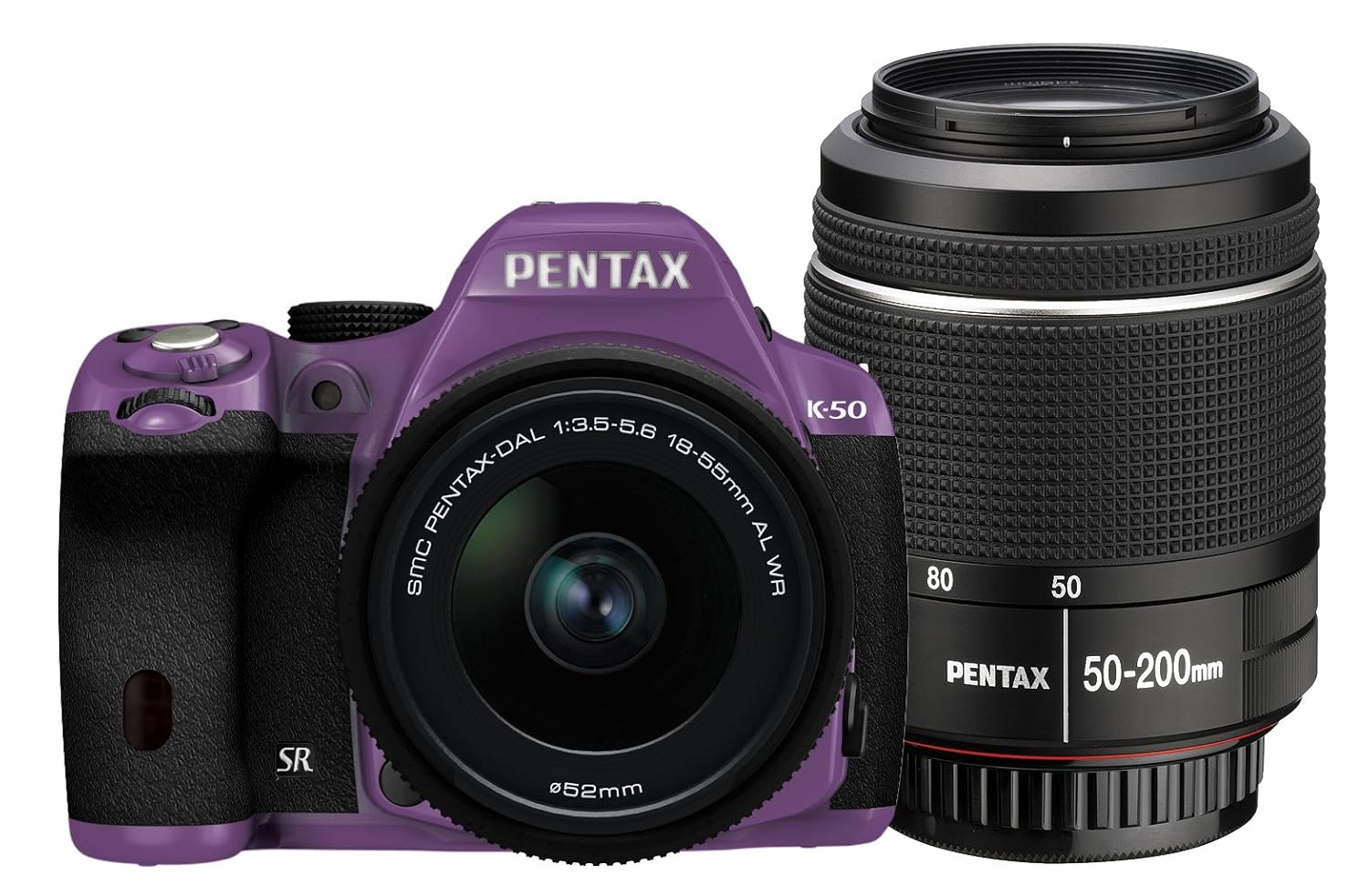 New! Pentax K50 DSLR Camera Double Lens Kit 1855mm & 50200mm Purple