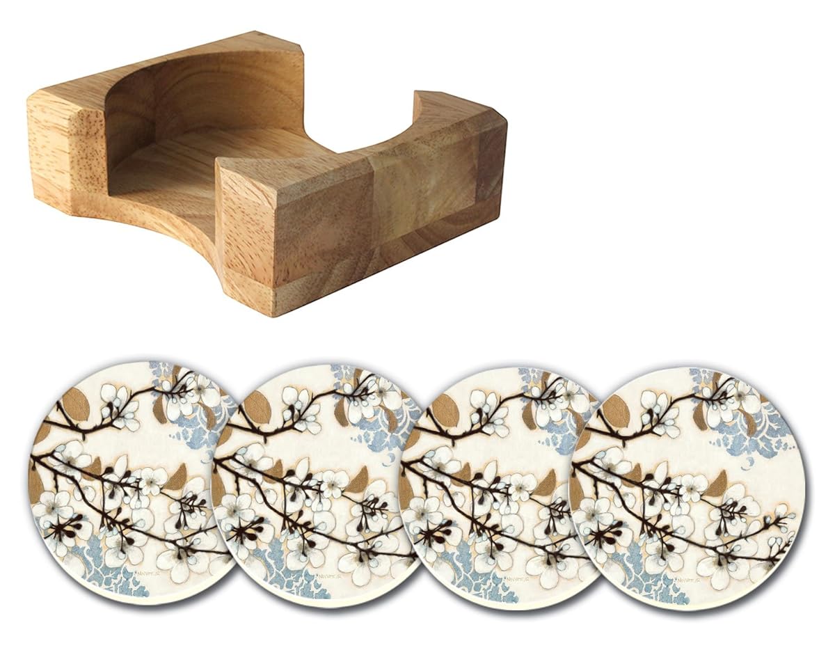 CounterArt Dogwood Branch Design Absorbent Coasters in Wooden Holder, Set of 4