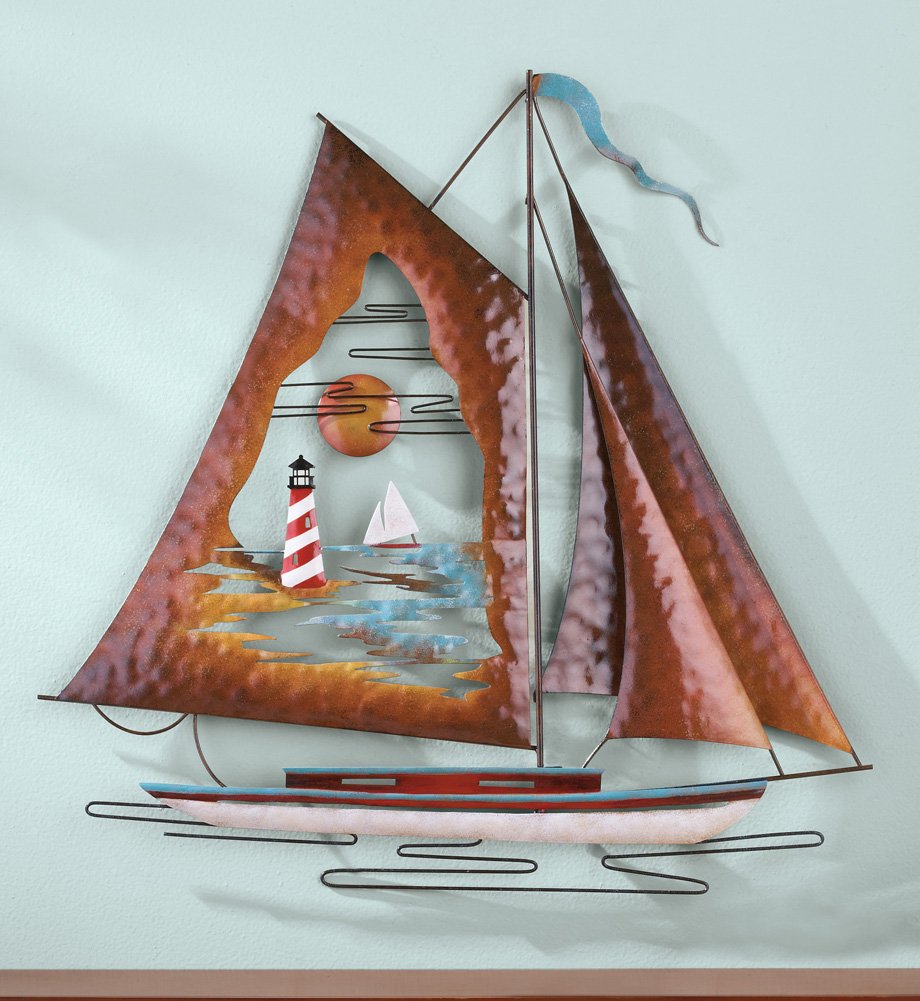 Nautical Sailboats Metal and Wooden Wall Sculpture