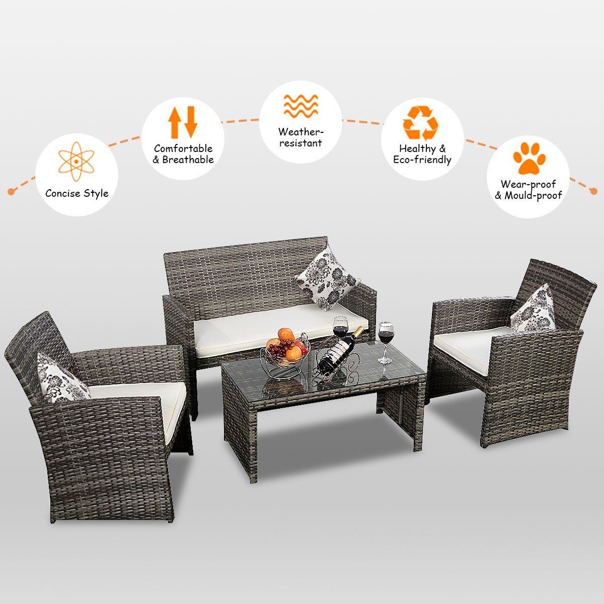 Goplus 4 PC Rattan Patio Furniture Set Garden Lawn Sofa Cushioned Seat