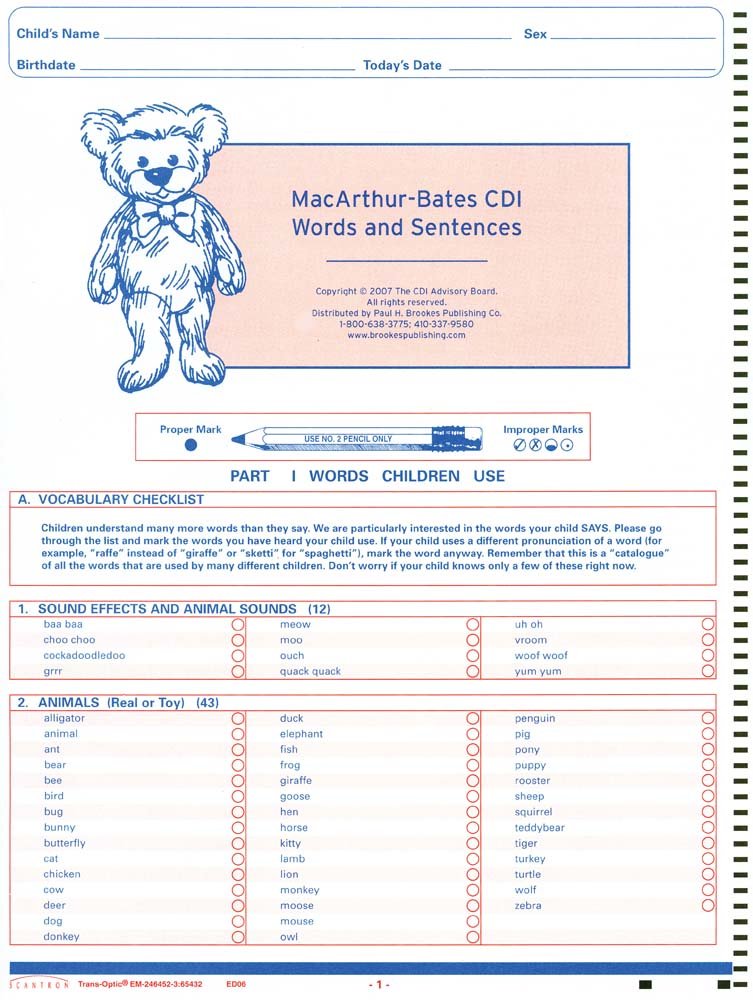 MacArthur-Bates CDI: Words and Sentences (Set of 20): Larry Fenson ...
