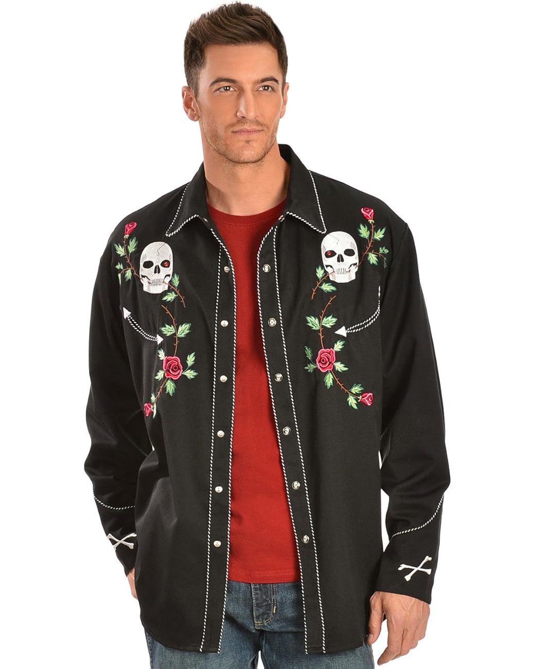 Scully Men's Skull And Roses Embroidered Retro Western Shirt Big P