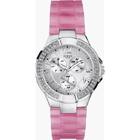 Guess Ladies 'Prism' steel stone set case pink resin strap