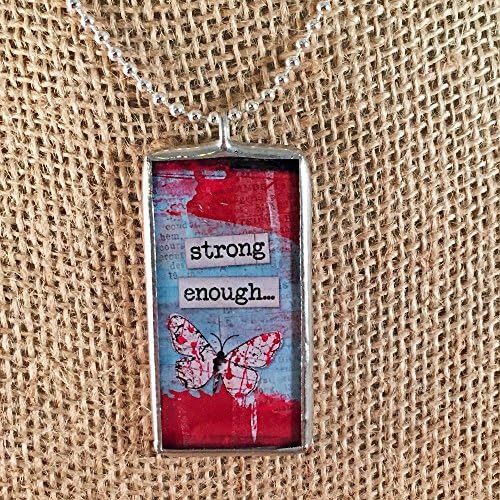 Strong Enough, EveryJourney Begins With a Single Step Reversible Inspirational Vintage Collage Art Soldered Glass Pendant Charm Necklace