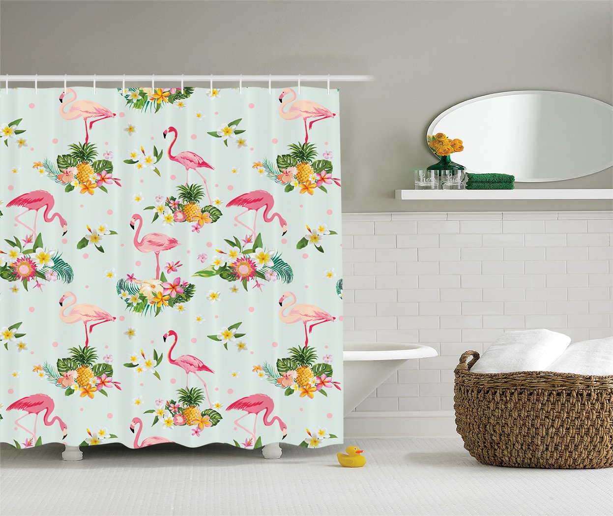 Ambesonne Flamingo Decor Collection, Flamingo Bird and Tropical Flowers
