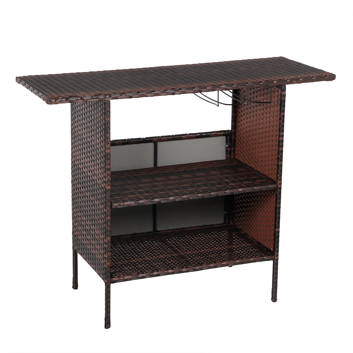 AECOJOY Patio PE Wicker Bar Table Brown Rattan Shelves Counter Garden