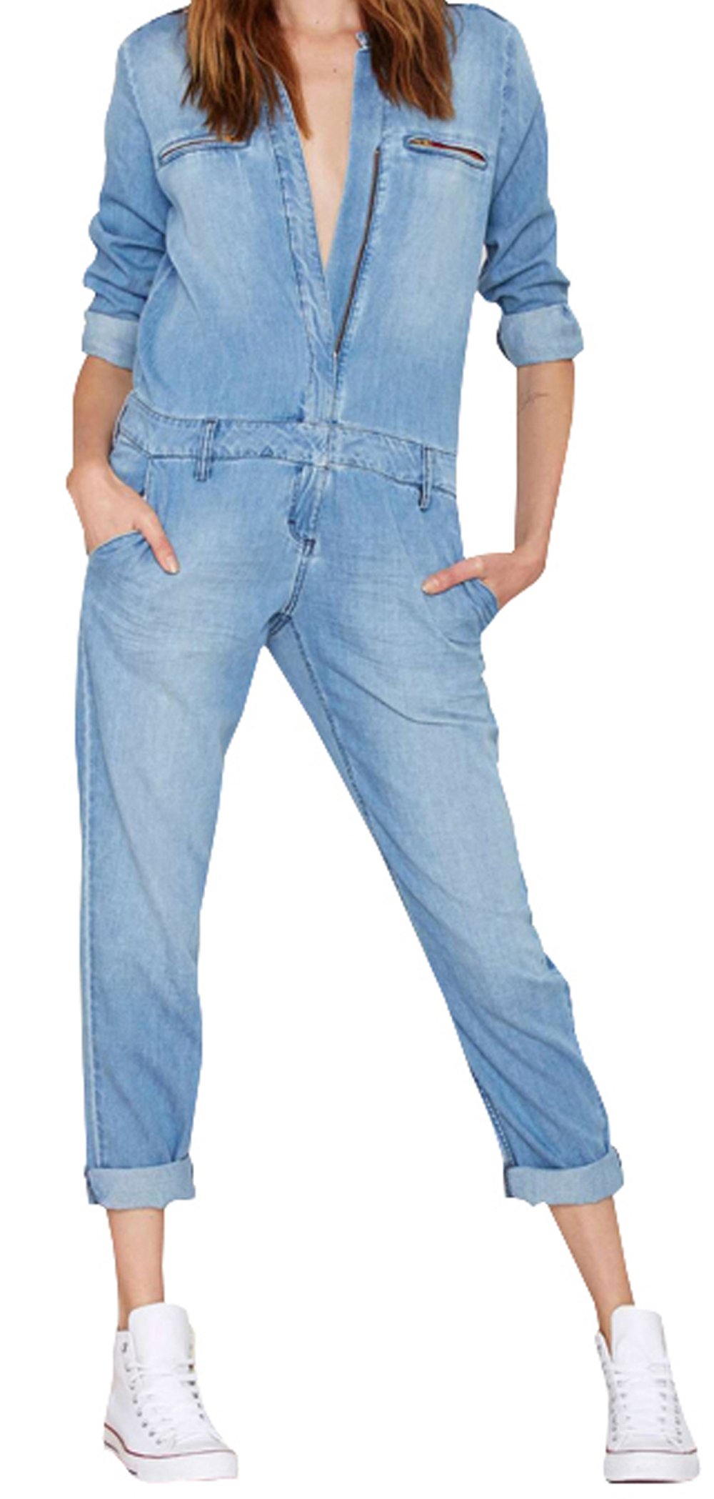 Darceil Women's Vintage Blue Long Sleeve Long Pants Denim Jumpsuit Overalls