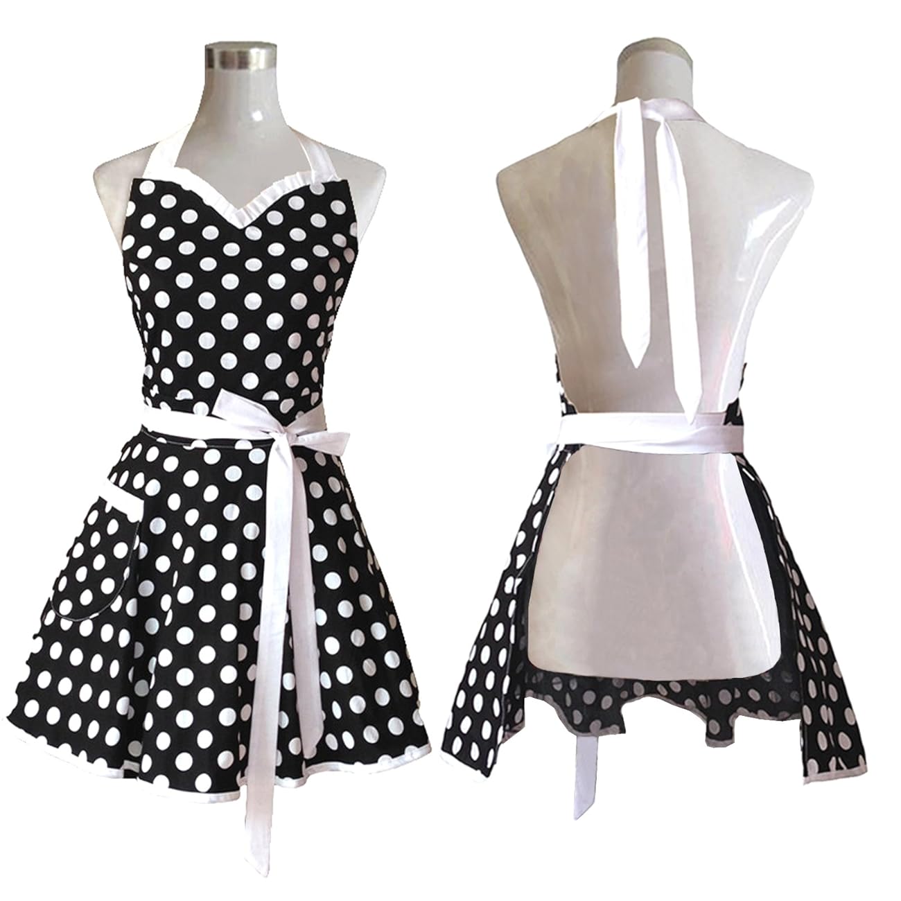 Lovely Sweetheart Black Retro Kitchen Aprons Woman Girl Cotton Polka