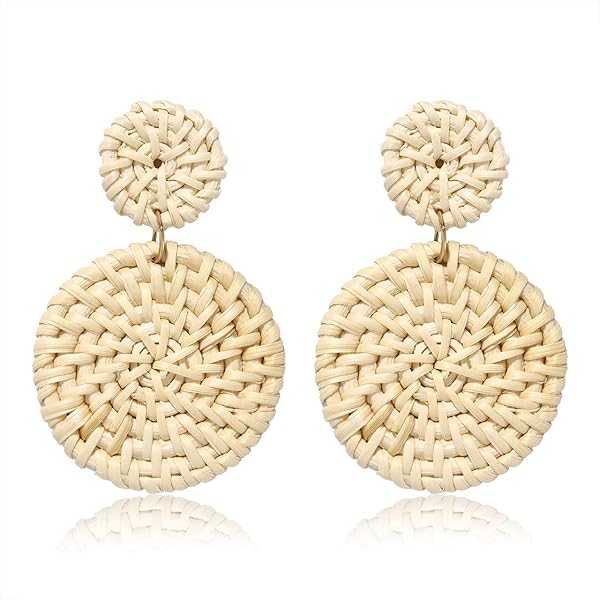 BSJELL Rattan Hoop Earrings Woven Handmade Straw Circle Drop Earrings Hammered Disc Stud Wicker