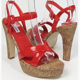 KNW Red Strappy Chunky Cork Heel Platform Shoes