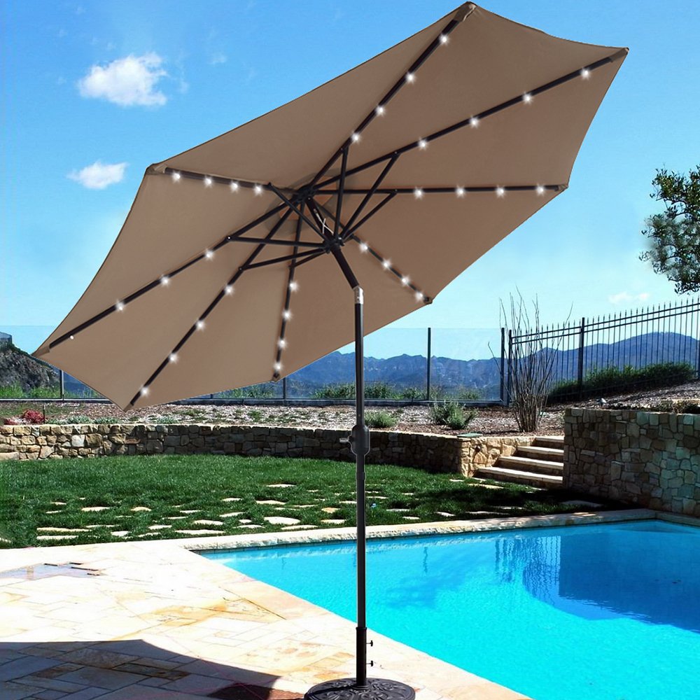 9 ft Solar Powered Patio Umbrella 32 LED Lights with Push Button Tilt