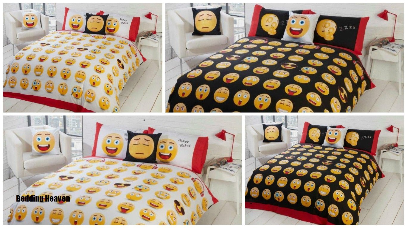 Bedding Heaven. Emoji Emoticon ICON Fun Smiley Faces Reversible DUVET COVER White Black