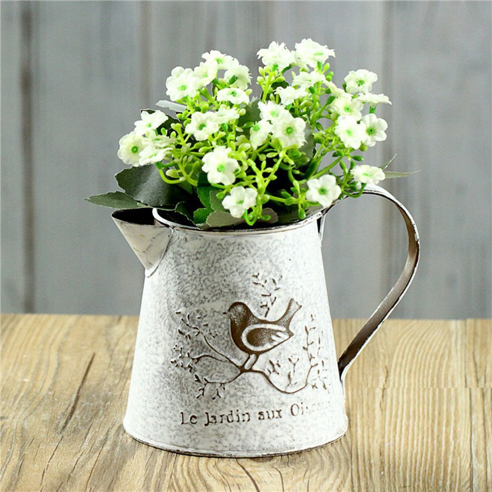 French Style White Shabby Chic Mini Metal Pitcher Flower Vase with
