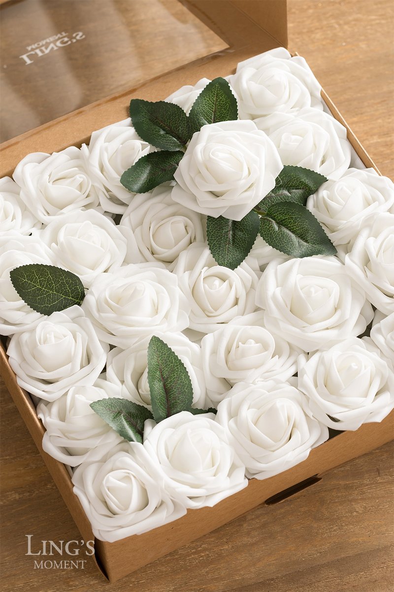 Lings moment Artificial Flowers White Roses 25pcs Real Looking Fake
