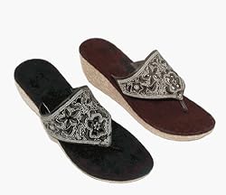 Wedge Heel Thong Sandals with Floral Cut-out Design by ESNY