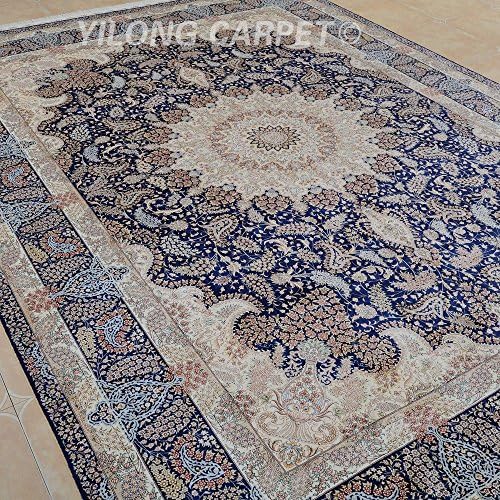 Yilong 10'x14' Large Oriental Silk Rug Classic Traditional Persian Floral Medallion and Strewed Flowers Hand Knotted Living Room Carpet (10 Feet by 14 Feet, Beige and Navy) YL0931