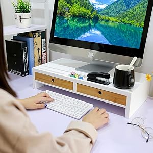 Computer Monitor Stand With Drawers White Wood Laptop Screen