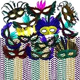Mardi Gras Beads & Feather Masks Party Pack With 6 Mardi Gras Tattoos